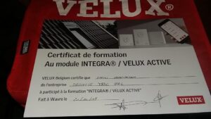 Certificat Velux reçu par nos équipes après la formation